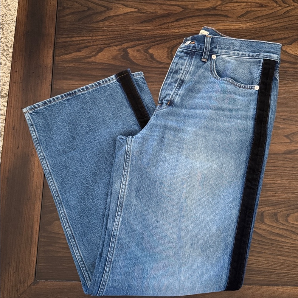 Madewell Low Slung Baggy Blue Jeans with Black Tuxedo Stripe, Size 27